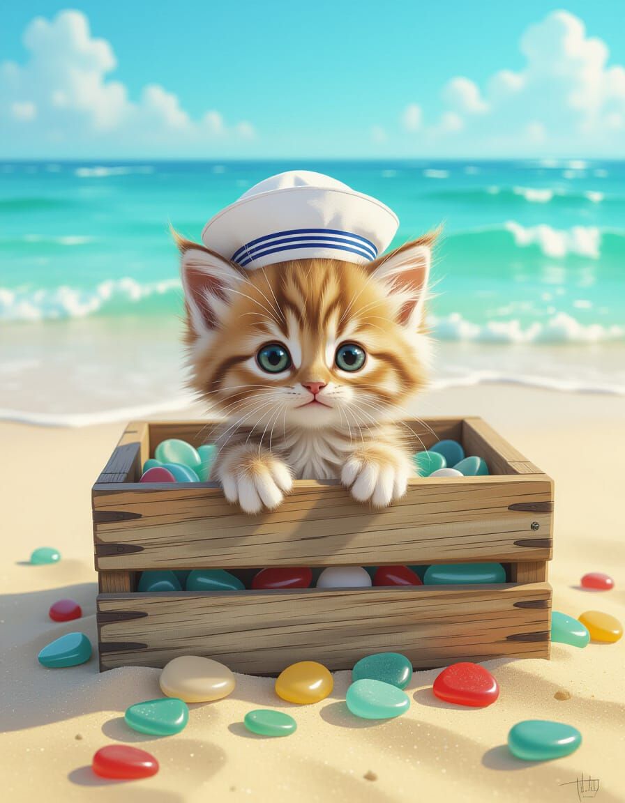 Fluffy Kitten in Sailor Hat on Beach with Sea Glass
