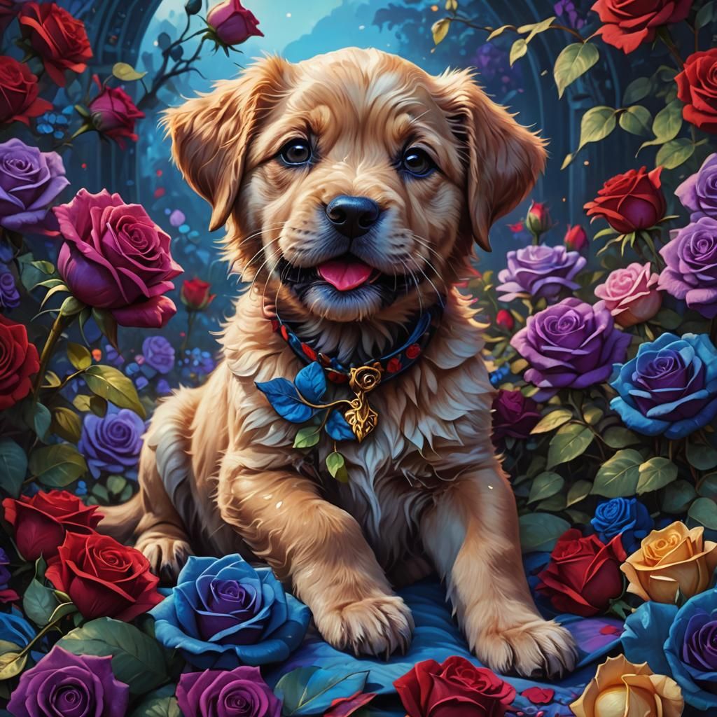 Puppy with Rose in a Bed of Roses
