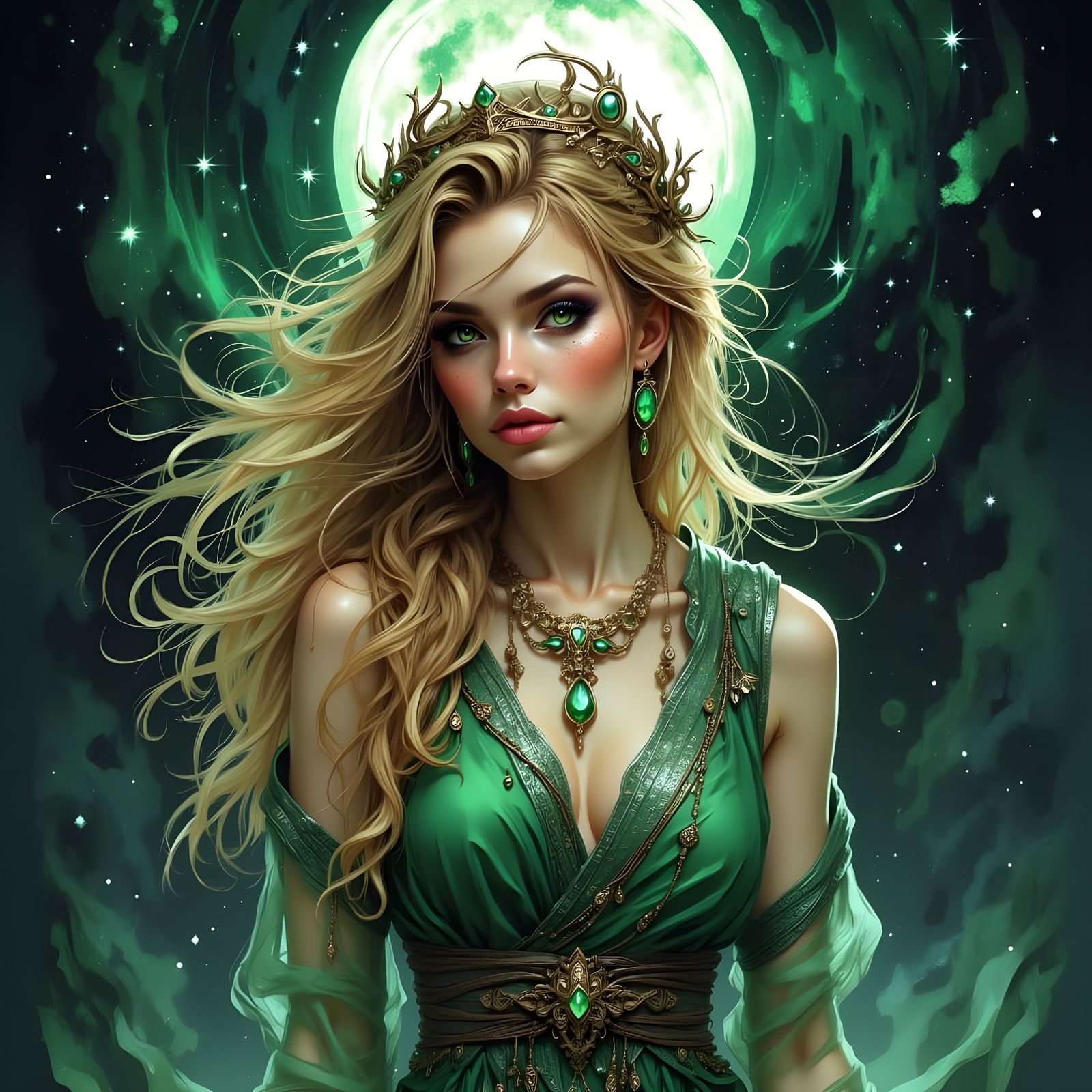 Norse Goddess Portrait Under Starry Night Sky