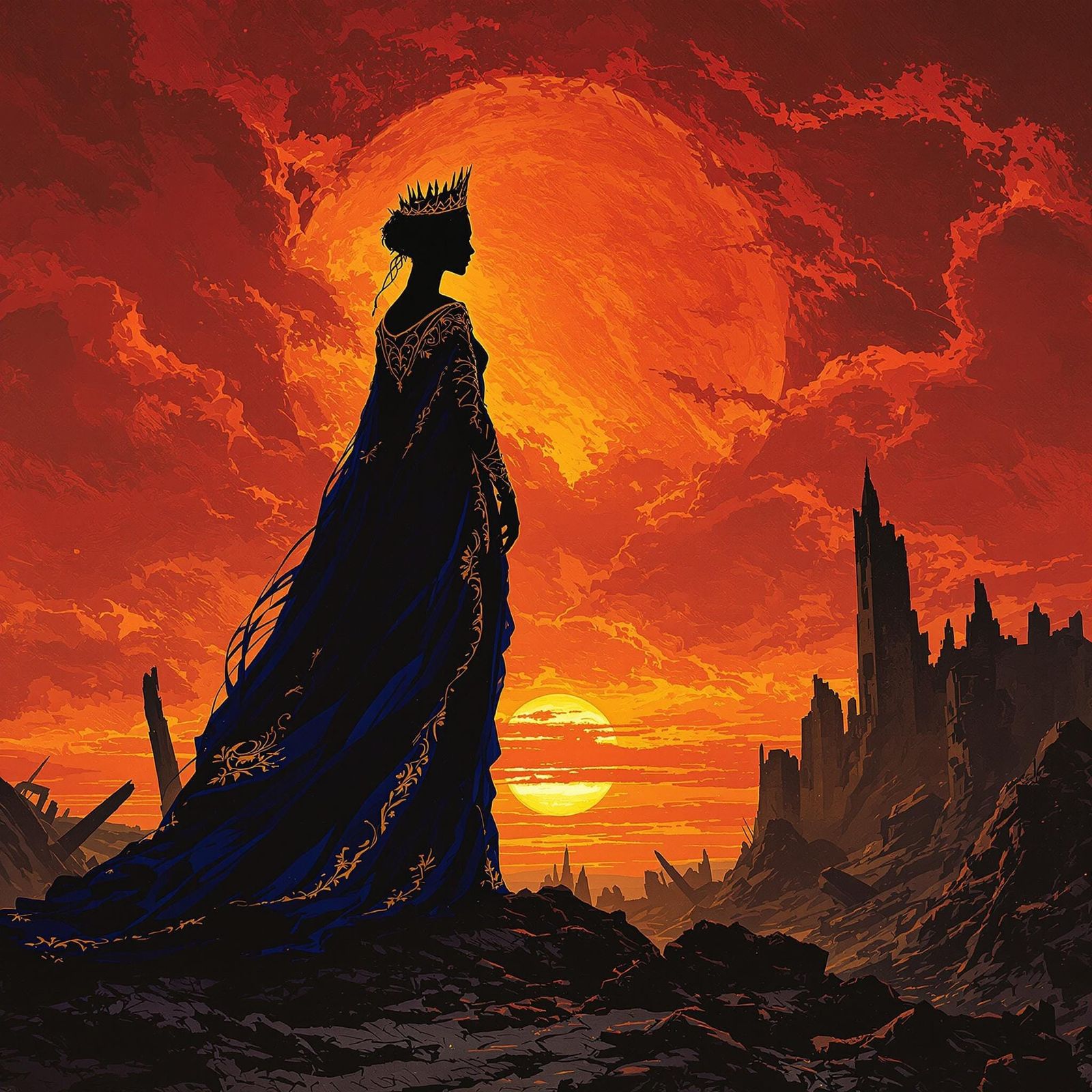 Stoic Queen Amidst Ruins in Baroque Style