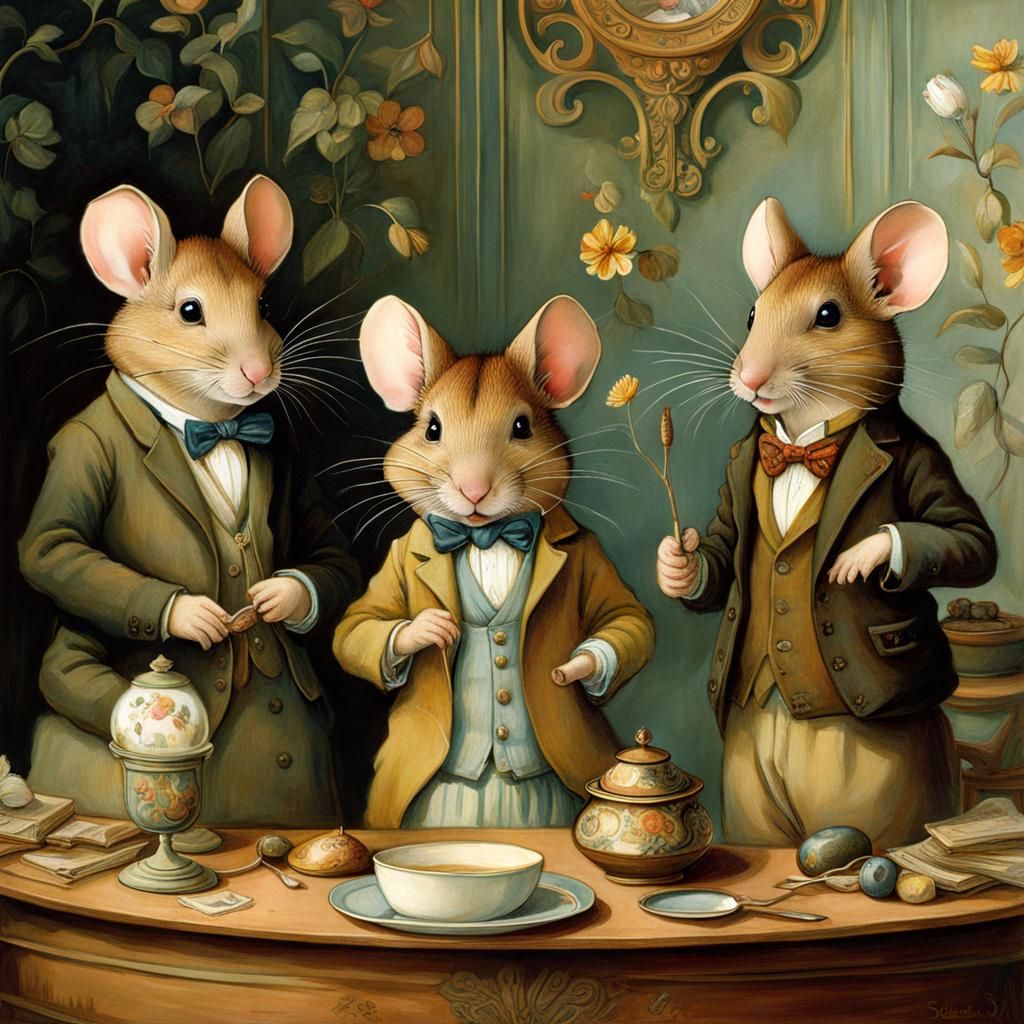 Sophisticated Mice in Home, Art Nouveau Illustration