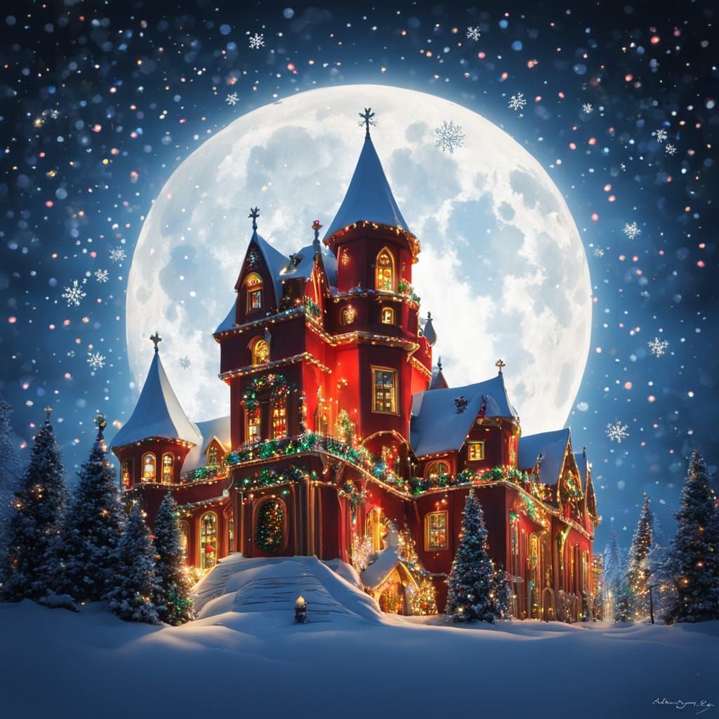 Majestic Christmas Castle Illuminated by Vibrant Holiday Lig...