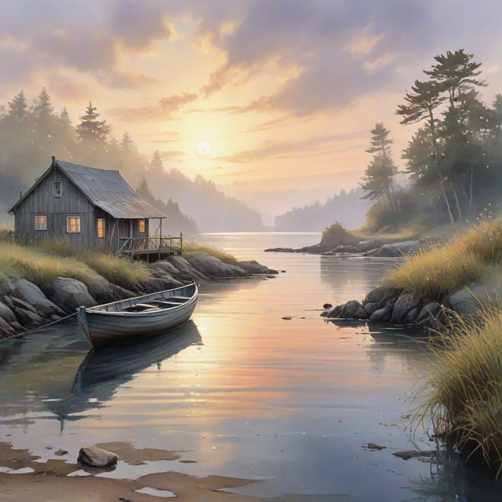 Tranquil Seascape at Daybreak: Expressive Watercolor Paintin...