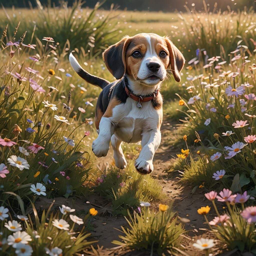 Playful Beagle Puppy Running Through a Fantasy Field