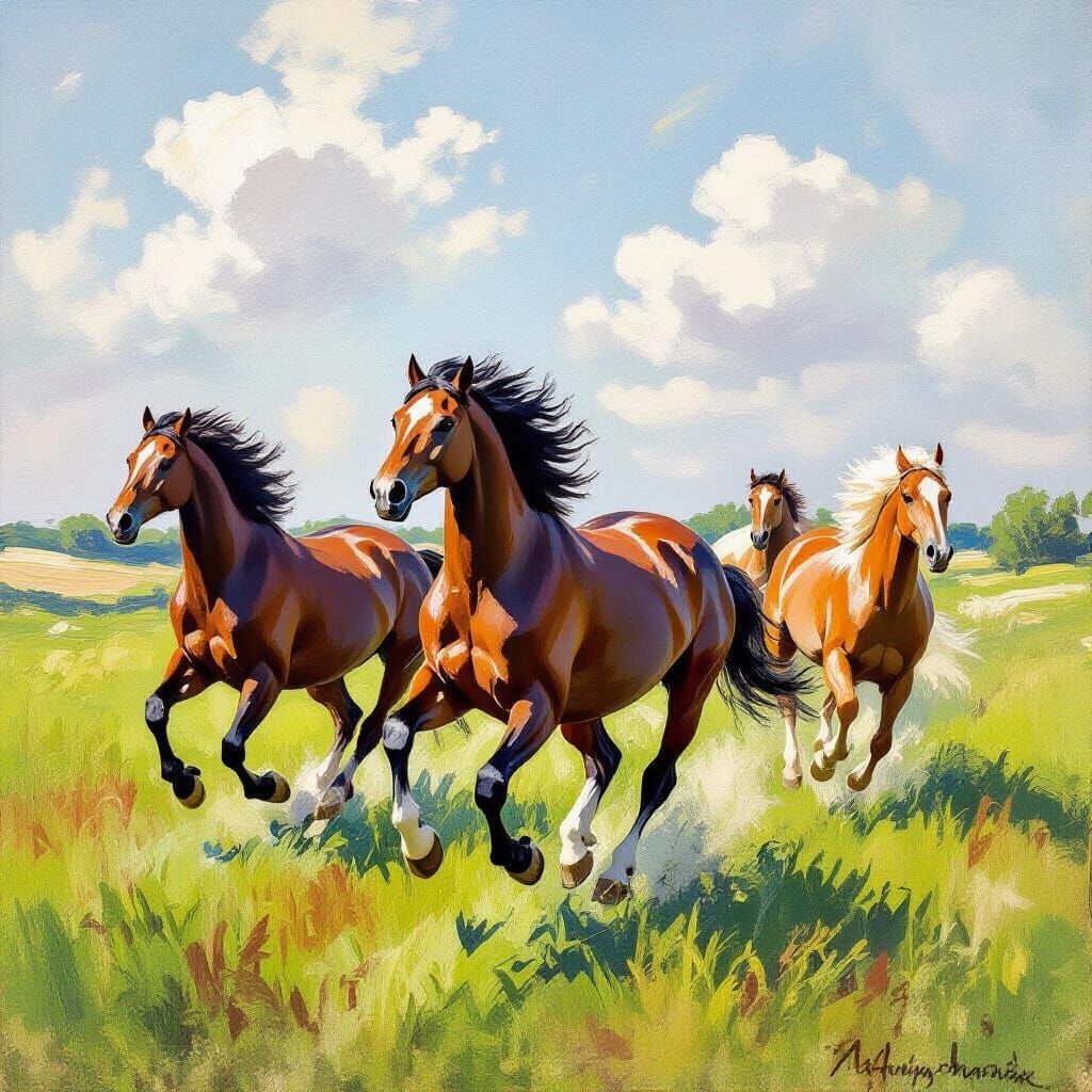 Wild Horses Galloping: An Impressionistic Meadow Scene