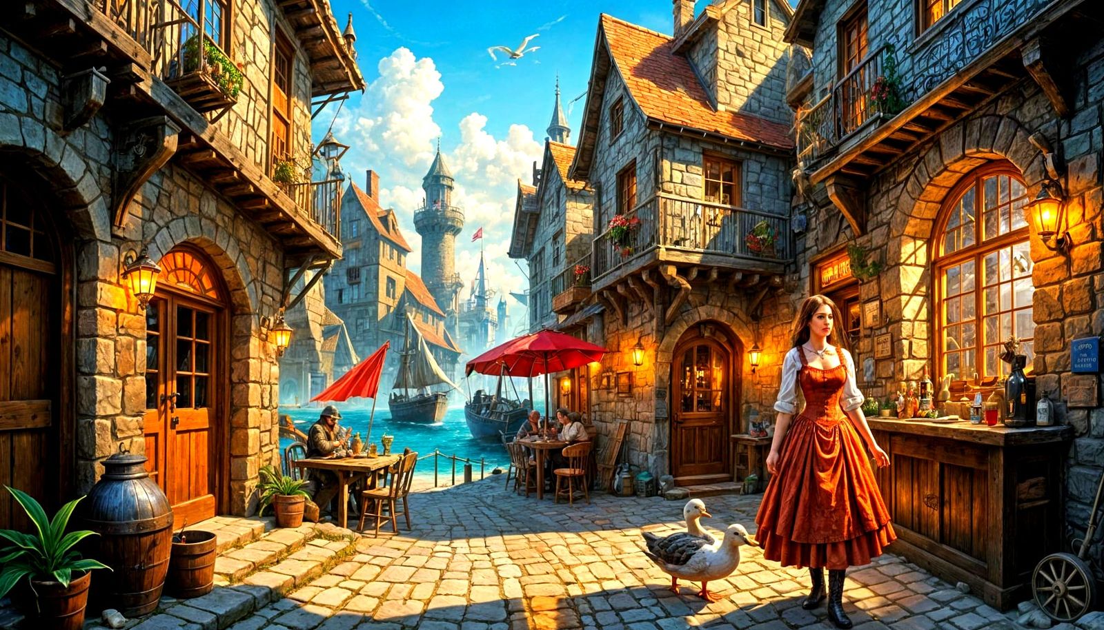 Medieval Alleyway with Steampunk Beach Scene