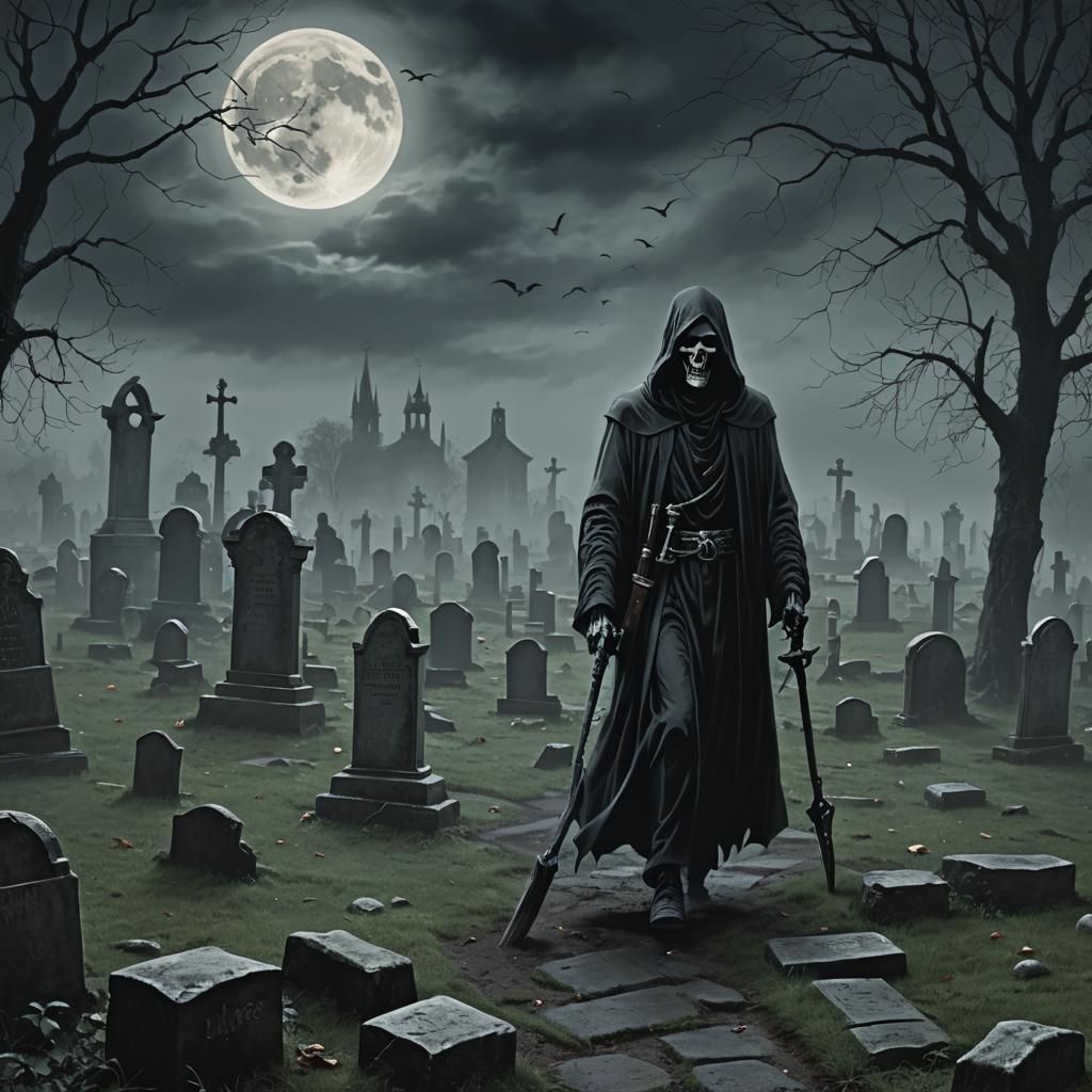 Grim Reaper Leads Souls on a Dark Night