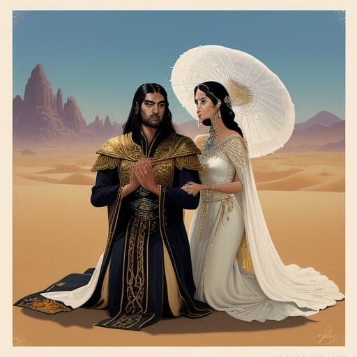 Desert Princess Shields a Weary Traveler in Vibrant, Cinemat...