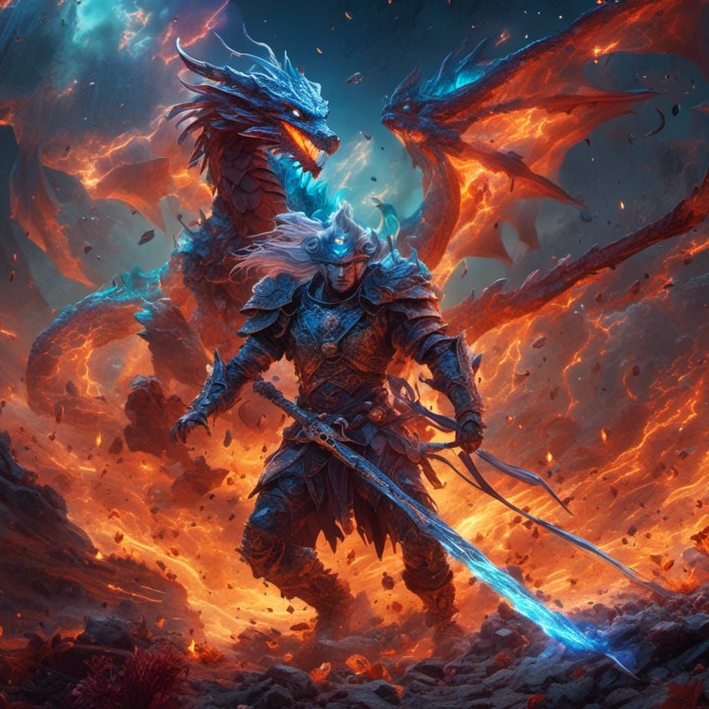 Warrior Dragon on Battlefield in Pablo Amaringo Style