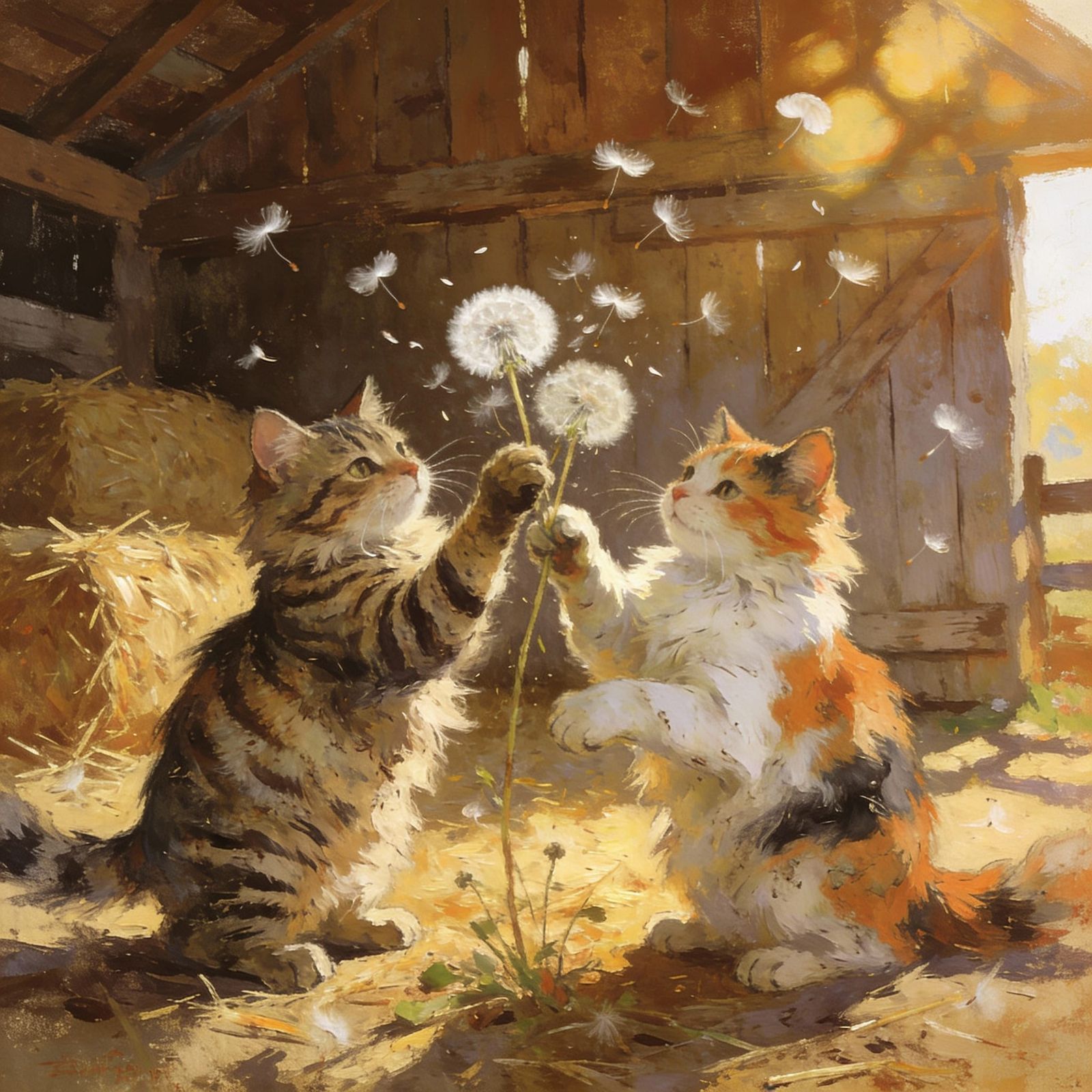 Farm Cats Play with Dandelions in Folk Art Style