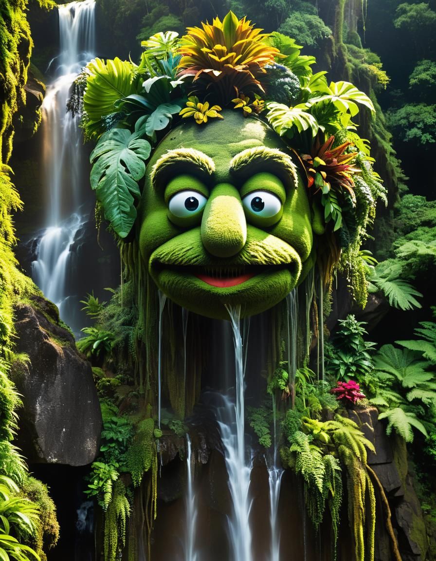 Floating Giant Muppet Head in Surreal Landscape