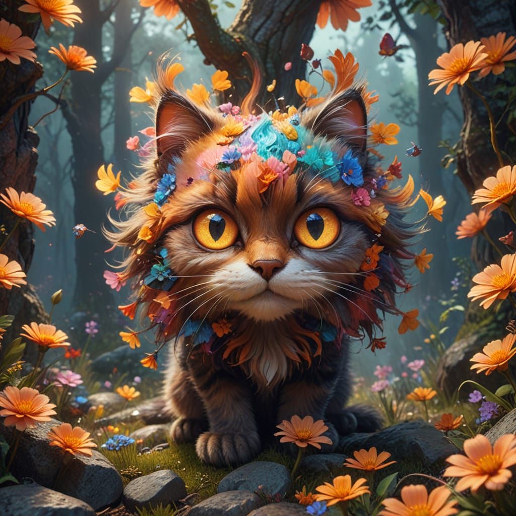 Whimsical Cat in Vibrant Woodland Wonderland