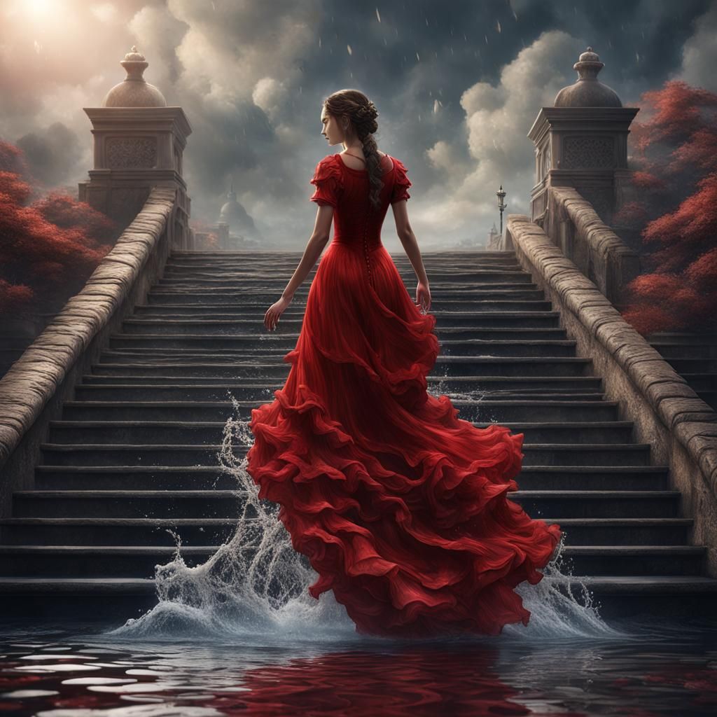 Girl in Flowing Water Dress on Stairs