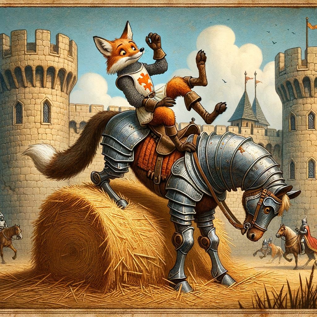 Fox Knight Tries to Mount Horse, Falls in Haystack