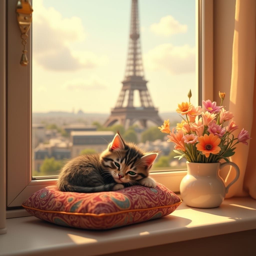 Cute Kitten Relaxing on Plush Cushion with Eiffel Tower View