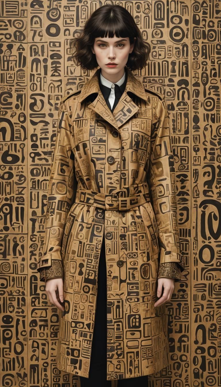 Lady in Klimt Style Trenchcoat with Hieroglyphs