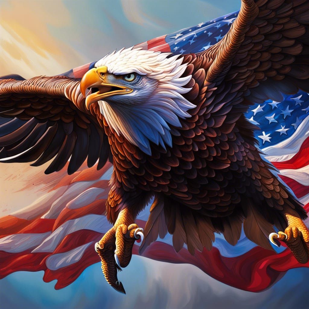 Hyperrealistic Eagle with American Flag Splash Art