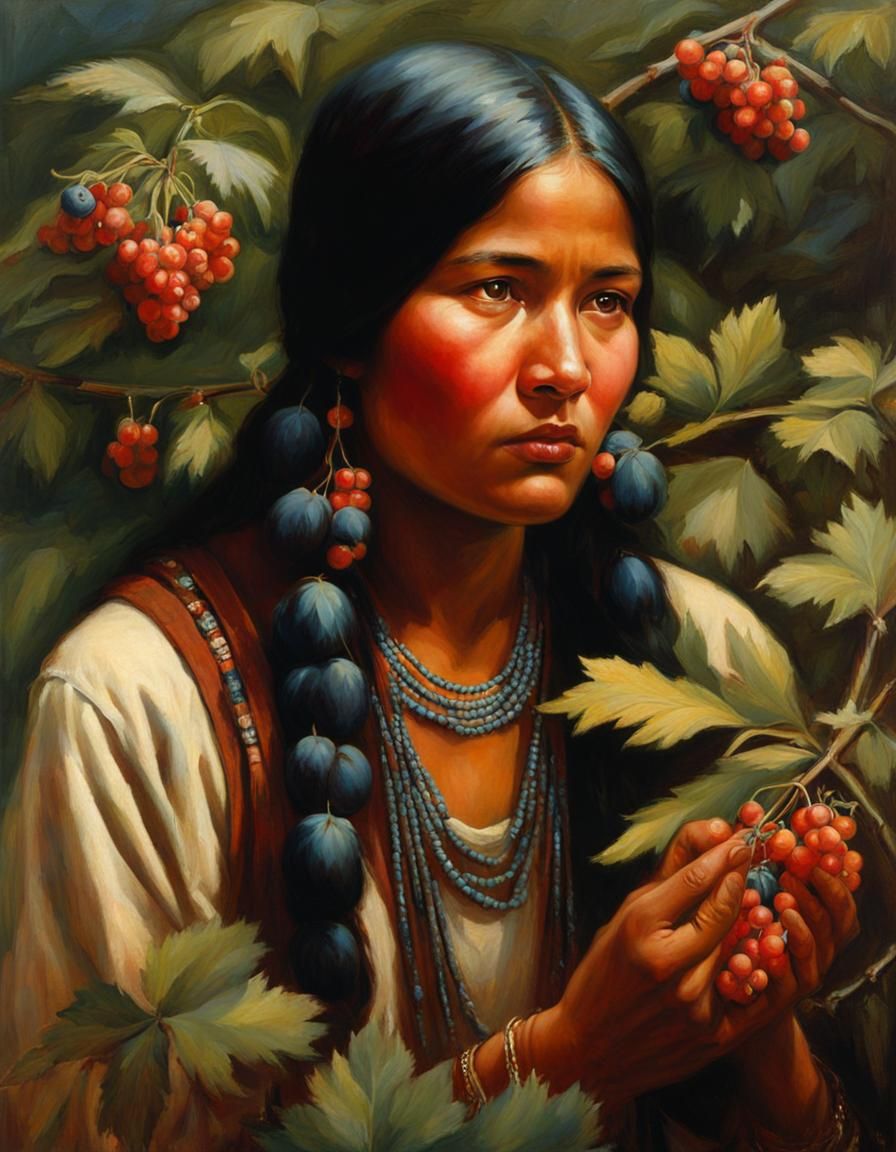 Native American Women Gathering Berries: Oil Painting