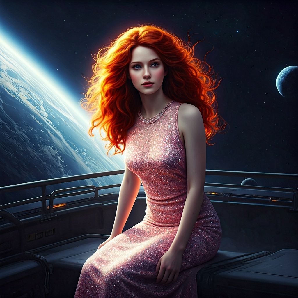 Red Haired Woman in Sparkling Dress on Space Station Over Sc...
