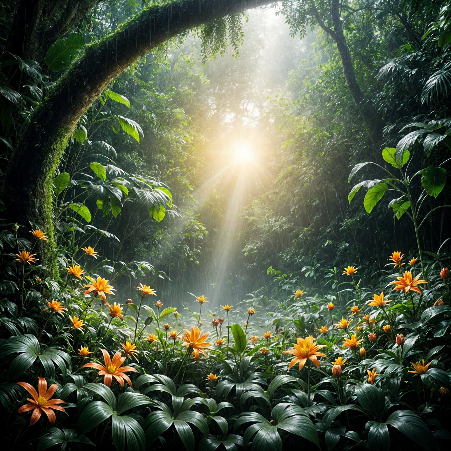 Vibrant Rainforest Scene with Raindrops and Sunlight