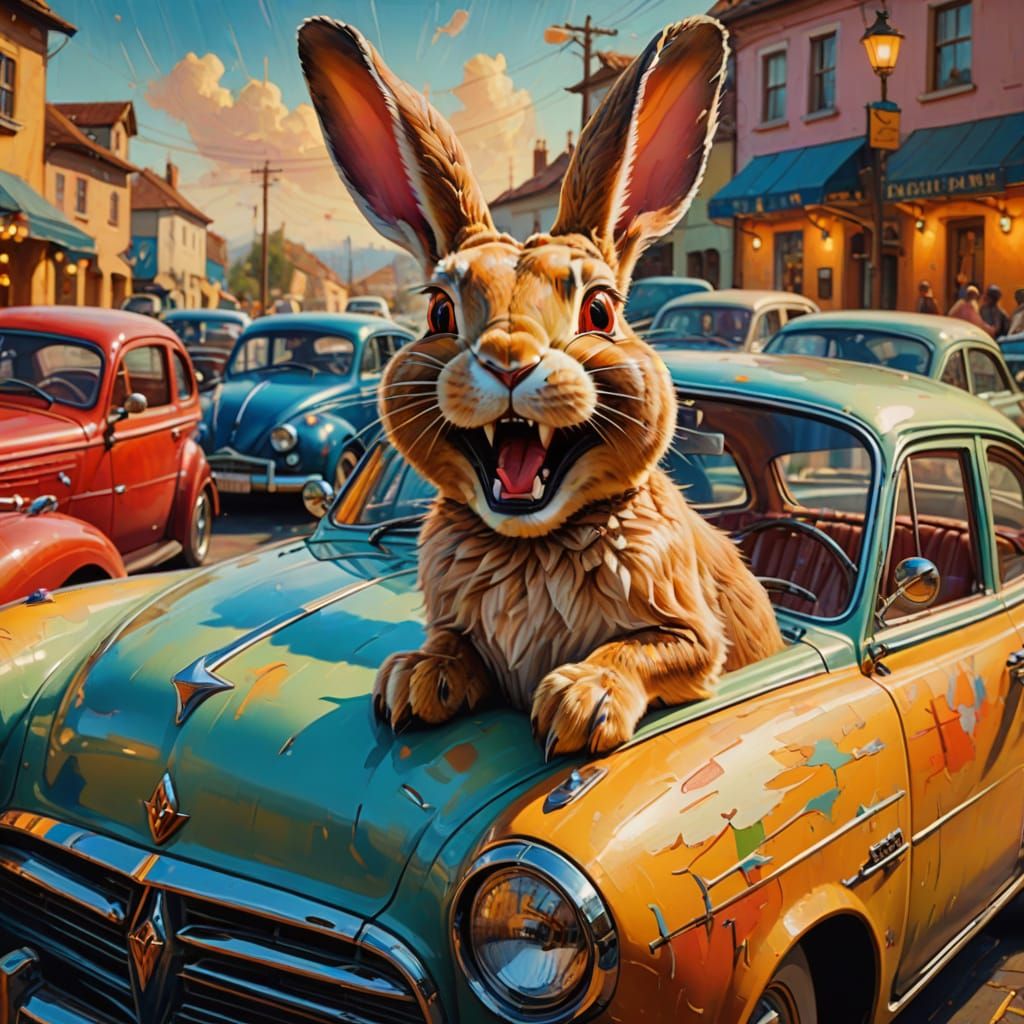 Laughing Rabbit Driving Classic Car: Surreal Oil Painting