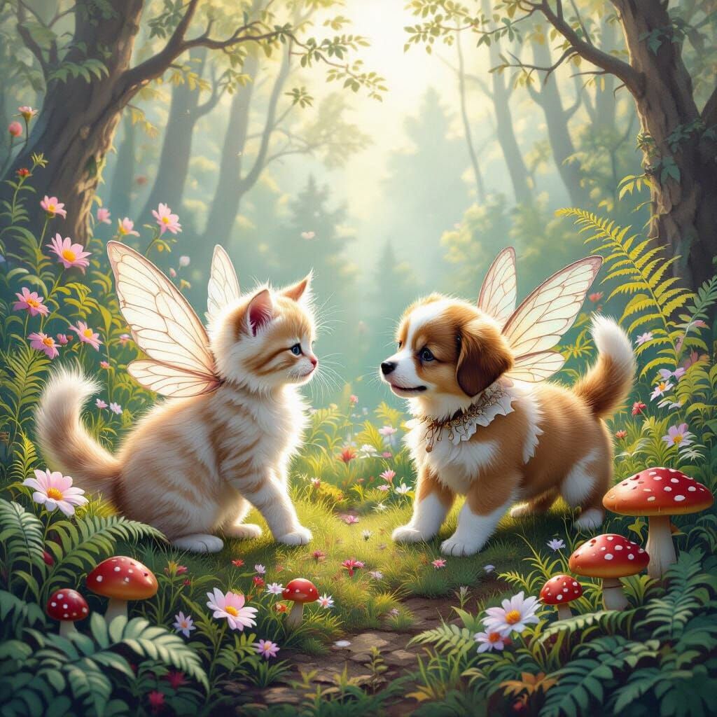 Victorian Fairy Watches Kitten and Puppy in Ethereal Forest
