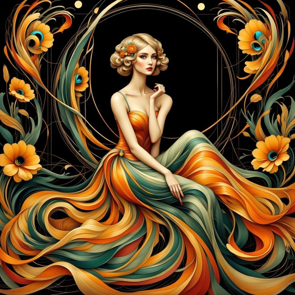 Ethereal Art Deco Goddess in Charcoal and Color