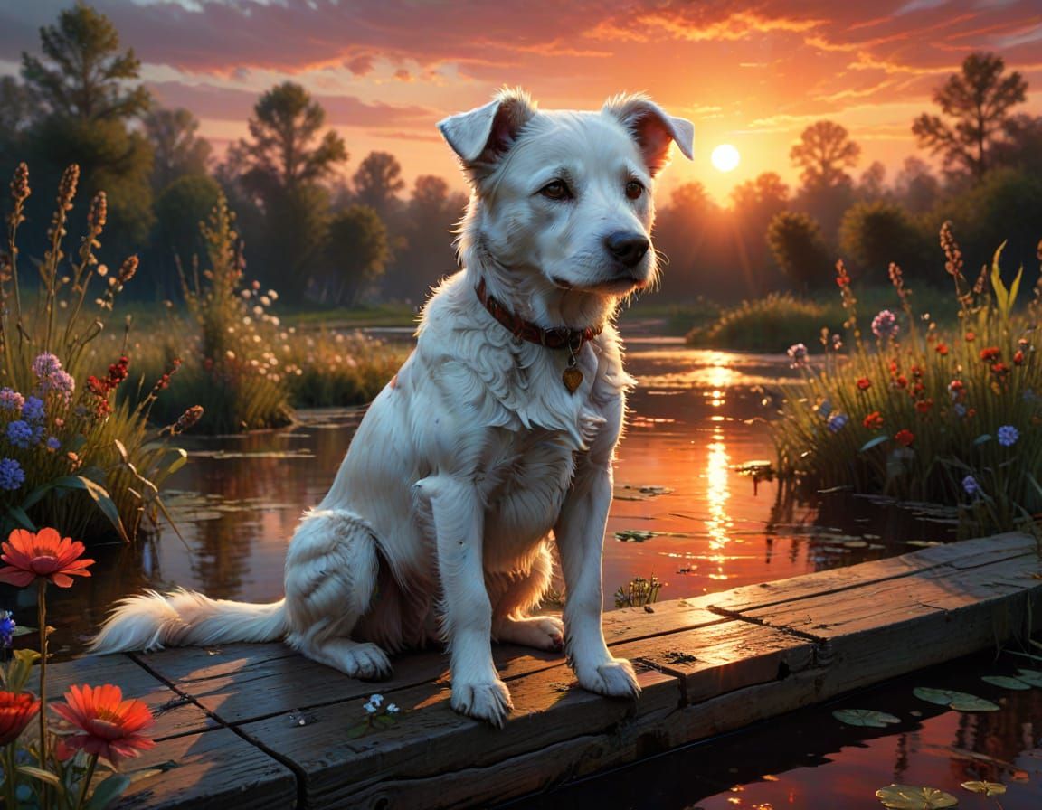 Stunning Sunset Over Swamp River with Dog