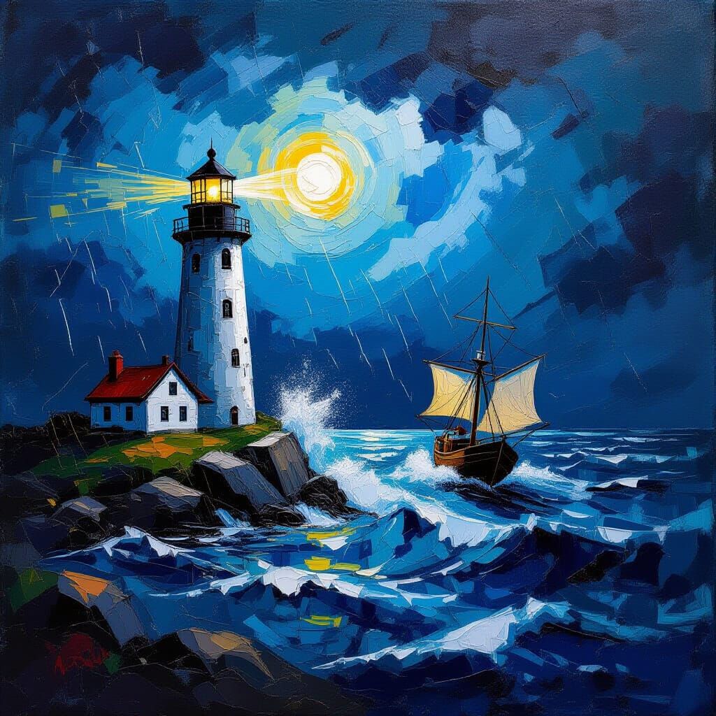 Lighthouse in Storm: Impasto Abstract Expressionism