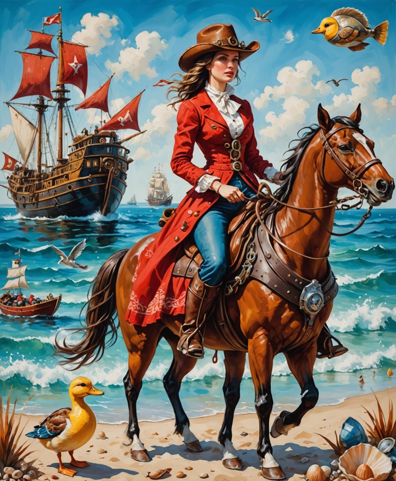 Steampunk Cowgirl's Beach Vacation: Oil Painting