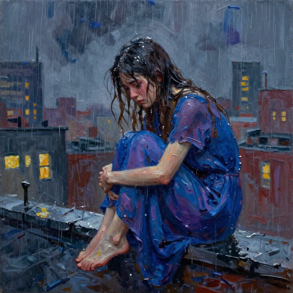 Sorrowful Woman Weeps on Rooftop in Impasto Oil Painting