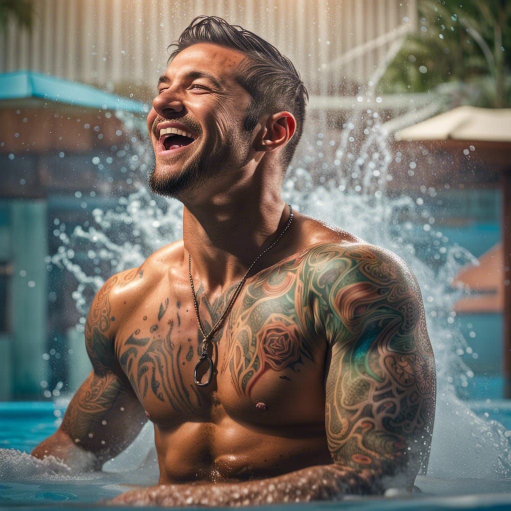 Muscular Man Emerging from Pool in Splash Art