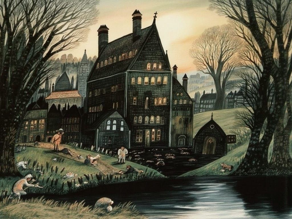 Surreal Watermill Scene in Soft Evening Light with Mystical....