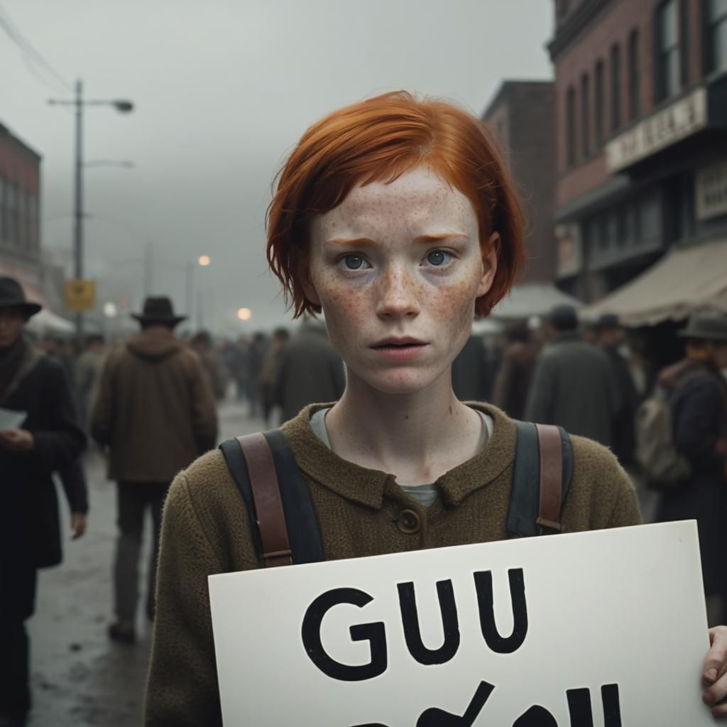 Redhead Holding Gugu Sign: Cinematic Film Still
