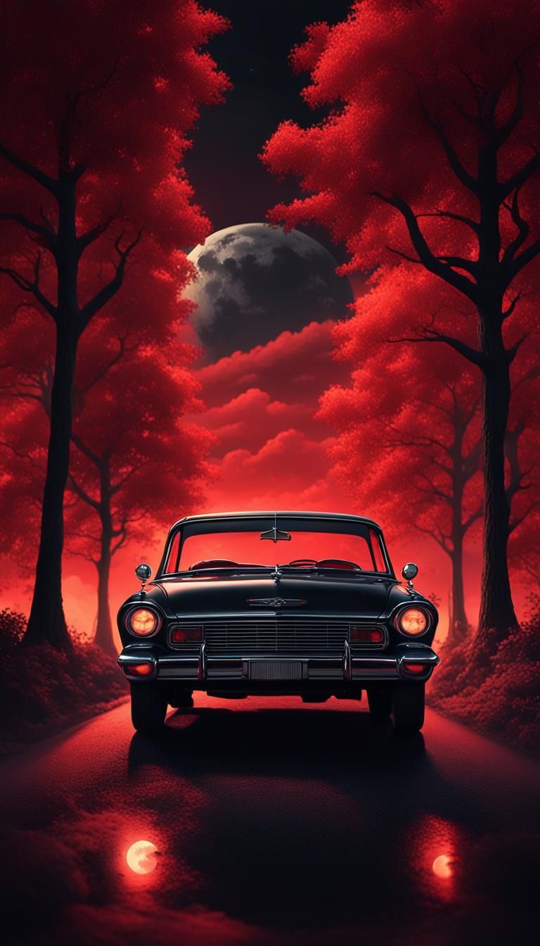 Classic Car on Night Road in Dark Fantasy Style