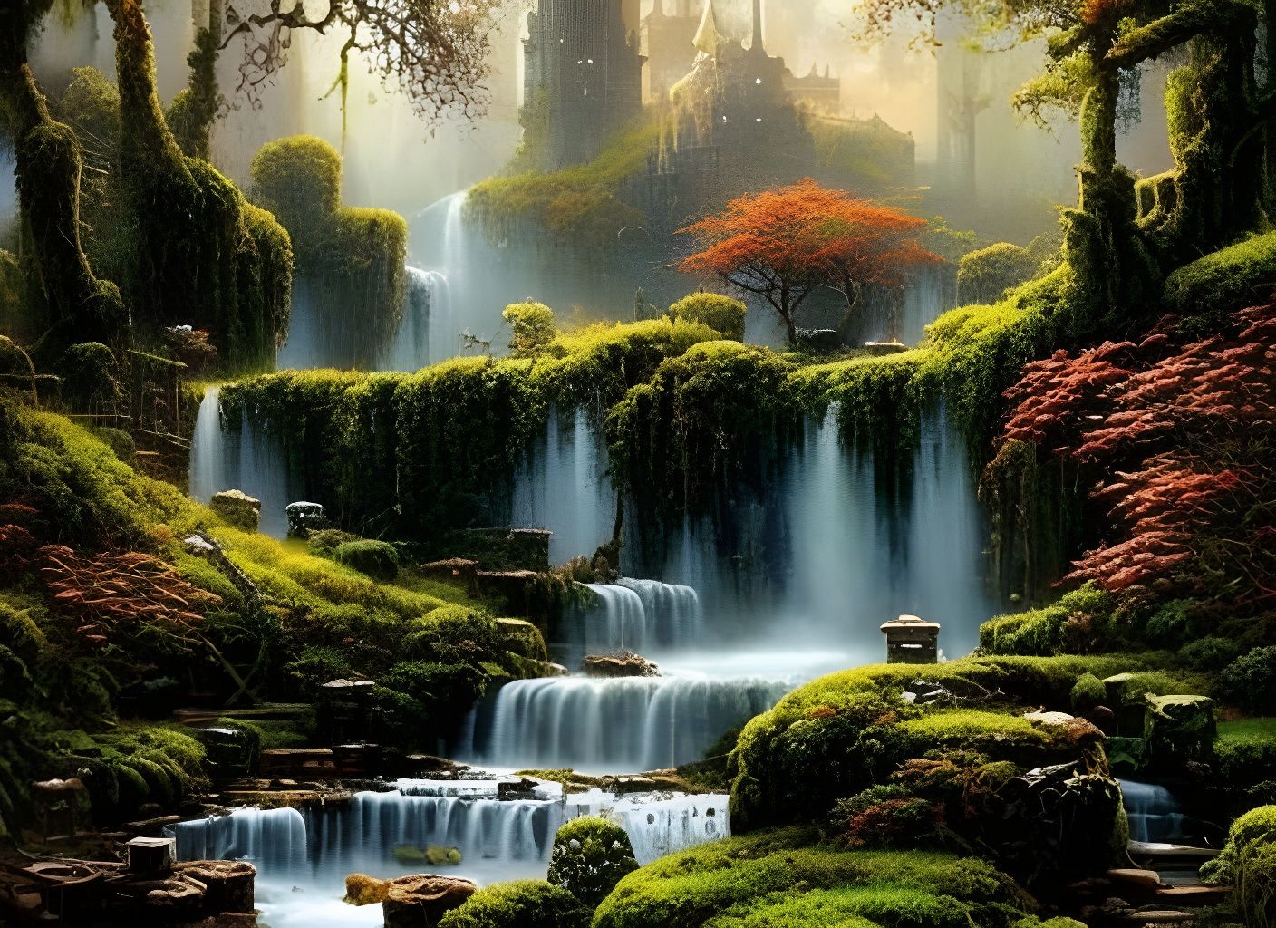 Lush Dystopian Cityscape: Overgrown Ruins in Watercolor