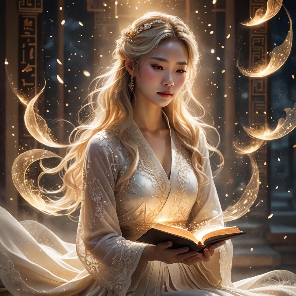 Woman with Magical Book in Forest Scene
