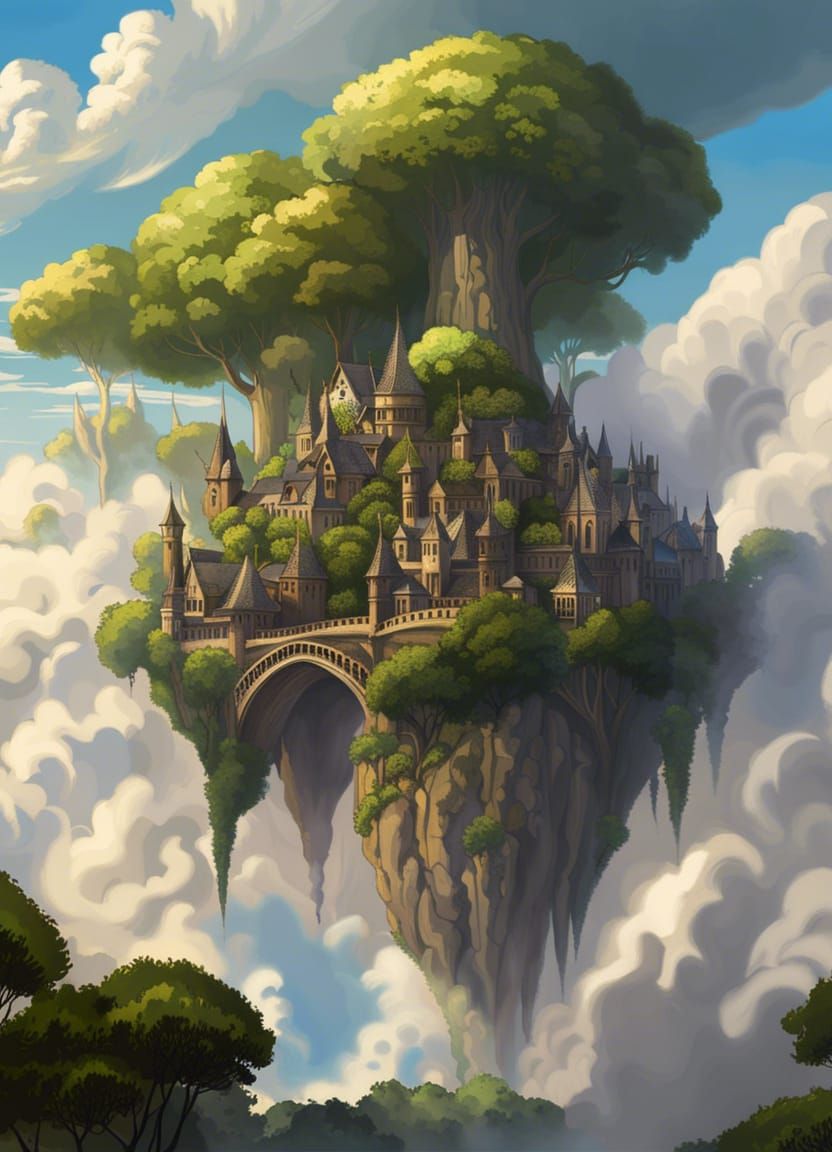 Elven City in Clouds on Floating Meteorites