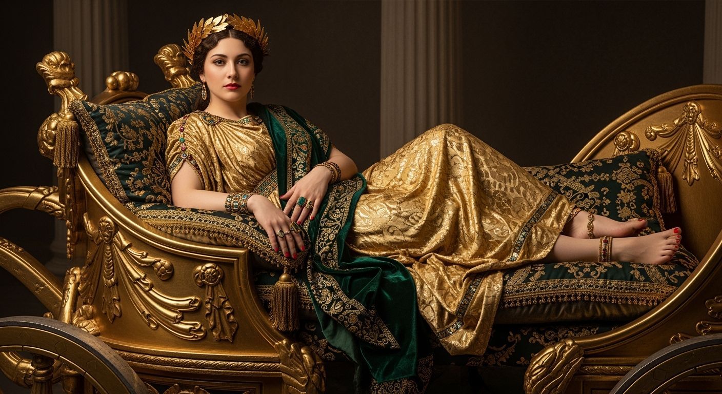 Regal Roman Empress in Gold Chariot, Renaissance Style
