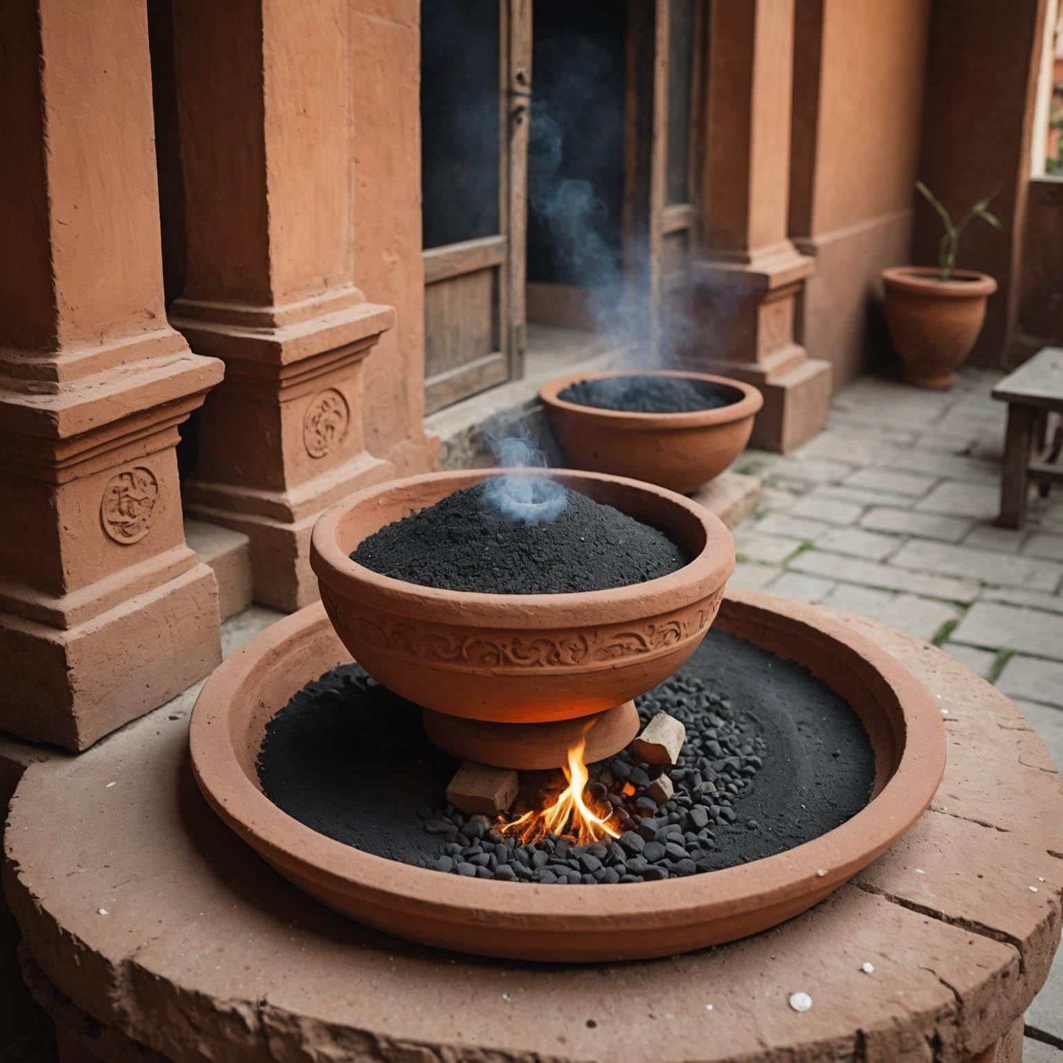 Sacred Incense Burning in Terracotta Bowl