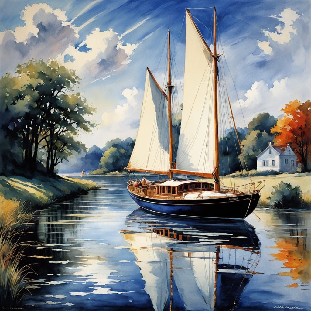 Vibrant Sailboat Scene in Watercolor