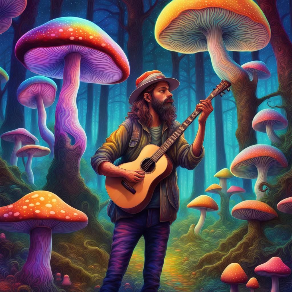 Musician in a Rainbow Mushroom Forest