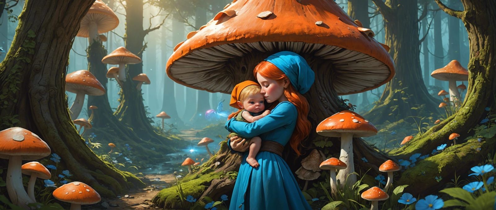 Gnome Mother and Baby in Enchanted Forest