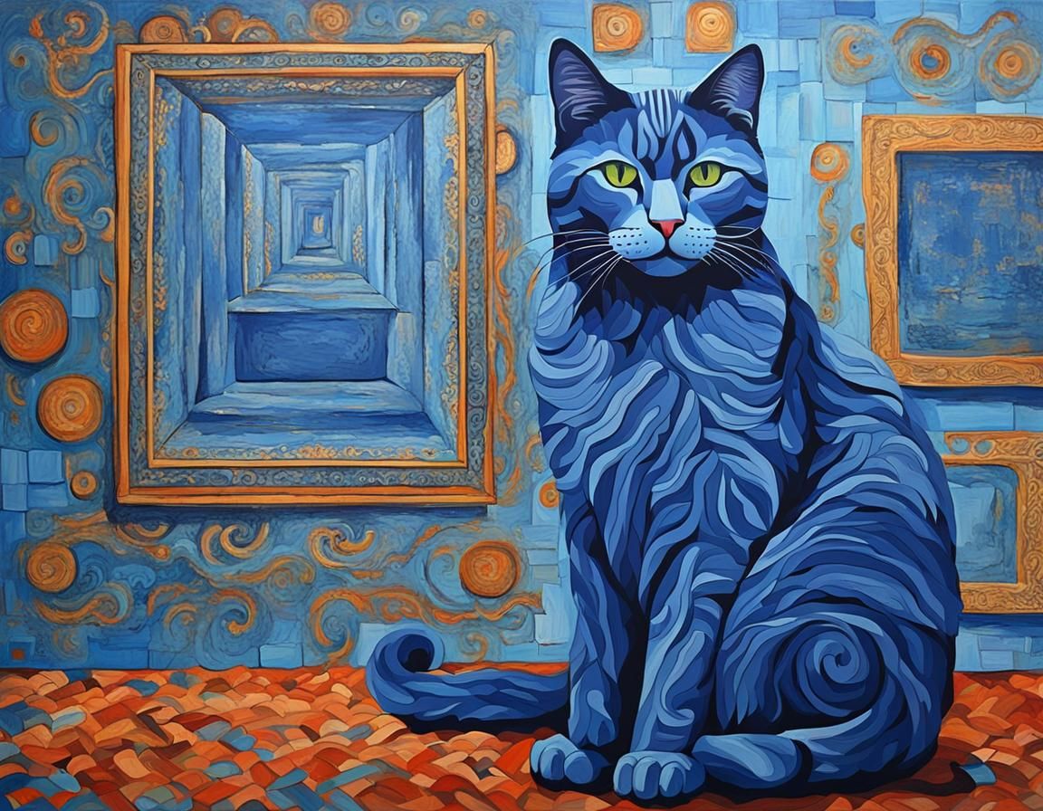 Blue Cat in Blue Room, Abstract Art
