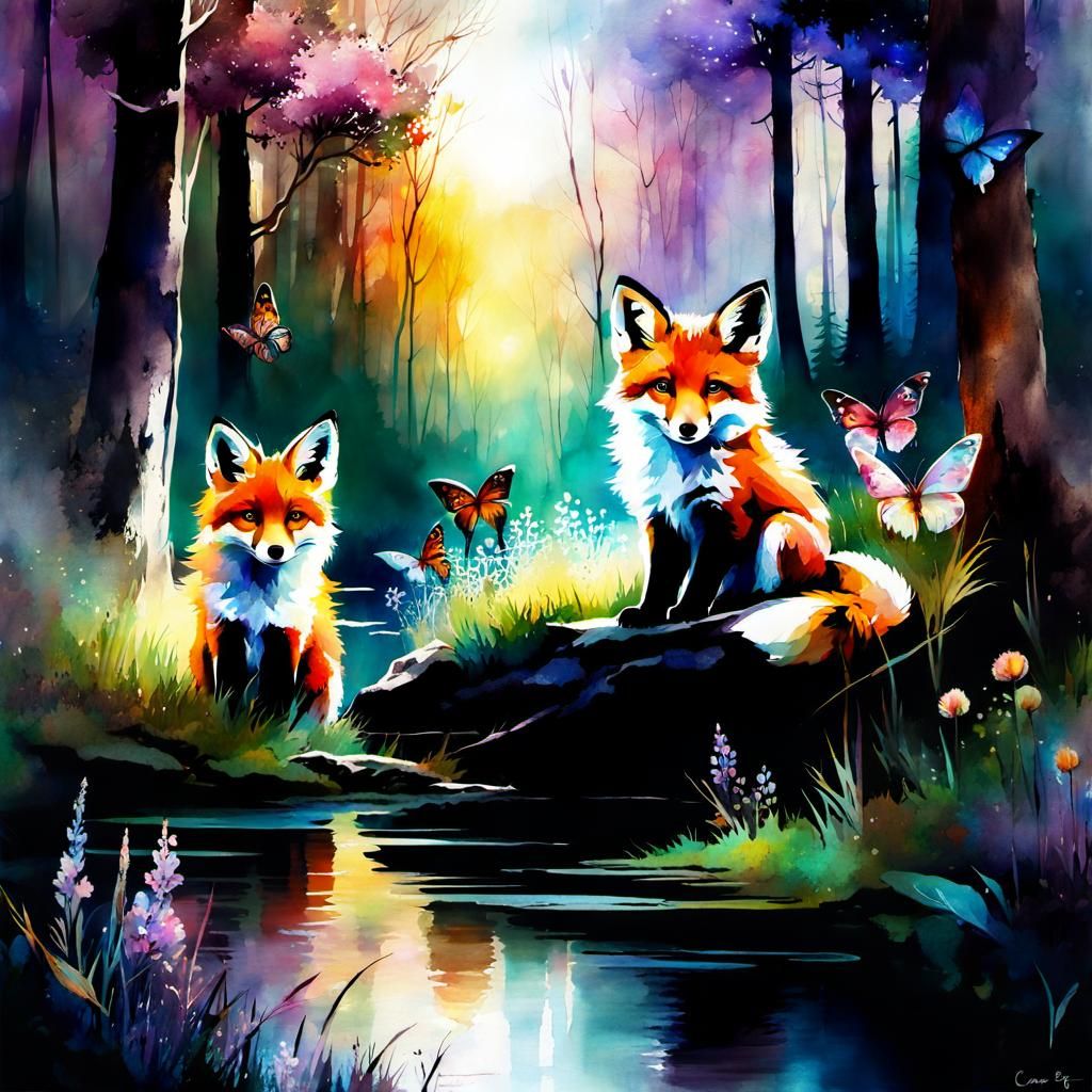 Watercolor Baby Foxes in Spring Forest