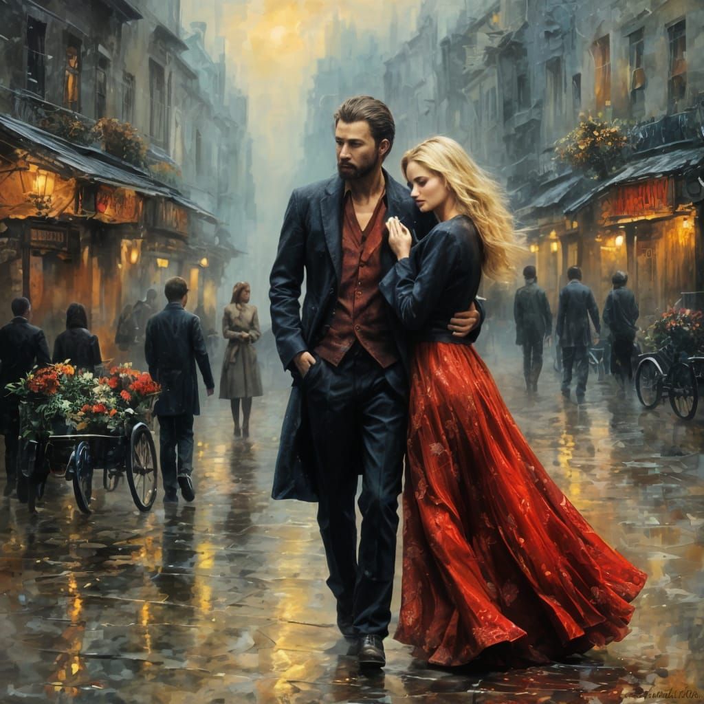 Romantic Embrace with Dark Oil Splash Effects