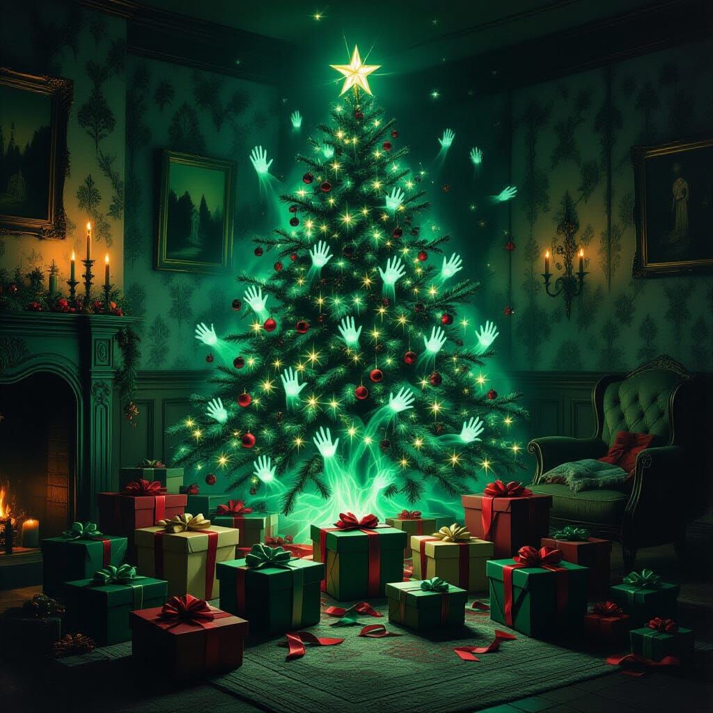 Eerie Christmas Living Room with Ghostly Gifts