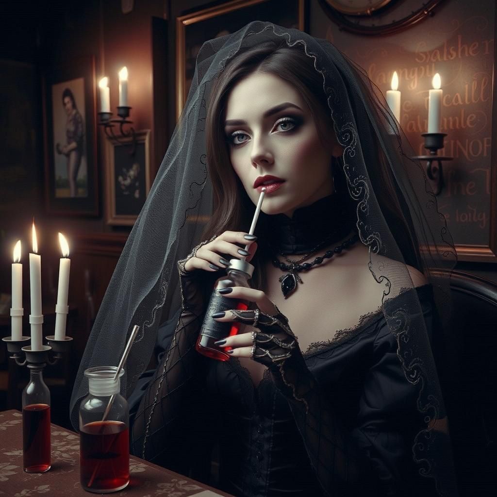 Vampire Woman Drinks in Candlelit Cafe: Ultra-Realistic Phot...