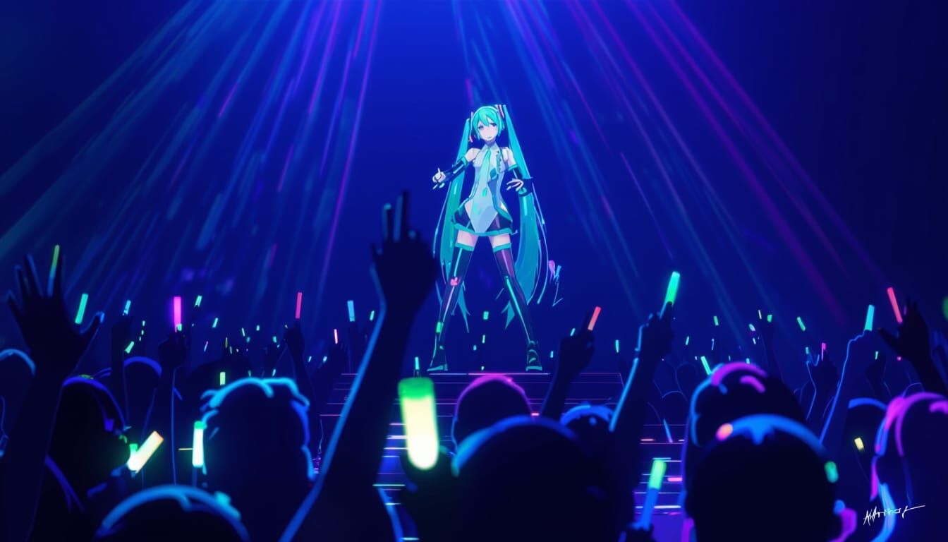 Hatsune Miku Sings on a Synthwave Neon Stage