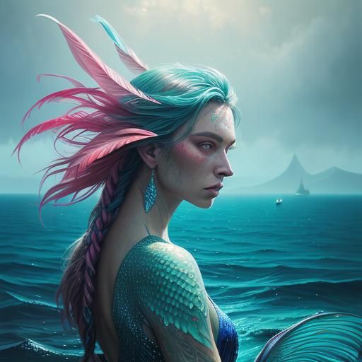 Mermaid with Pink Peacock Feather Tail, Oil Painting